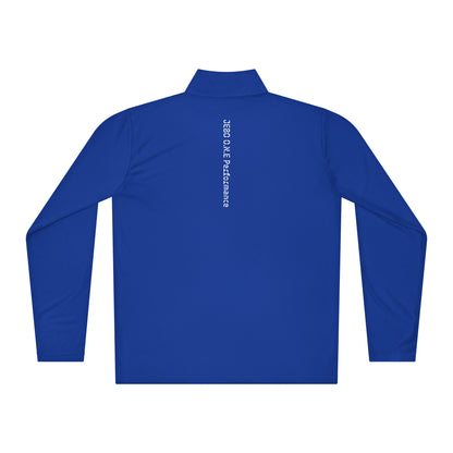 Blue lightweight quarter-zip pullover, back view with mock neck and small logo.