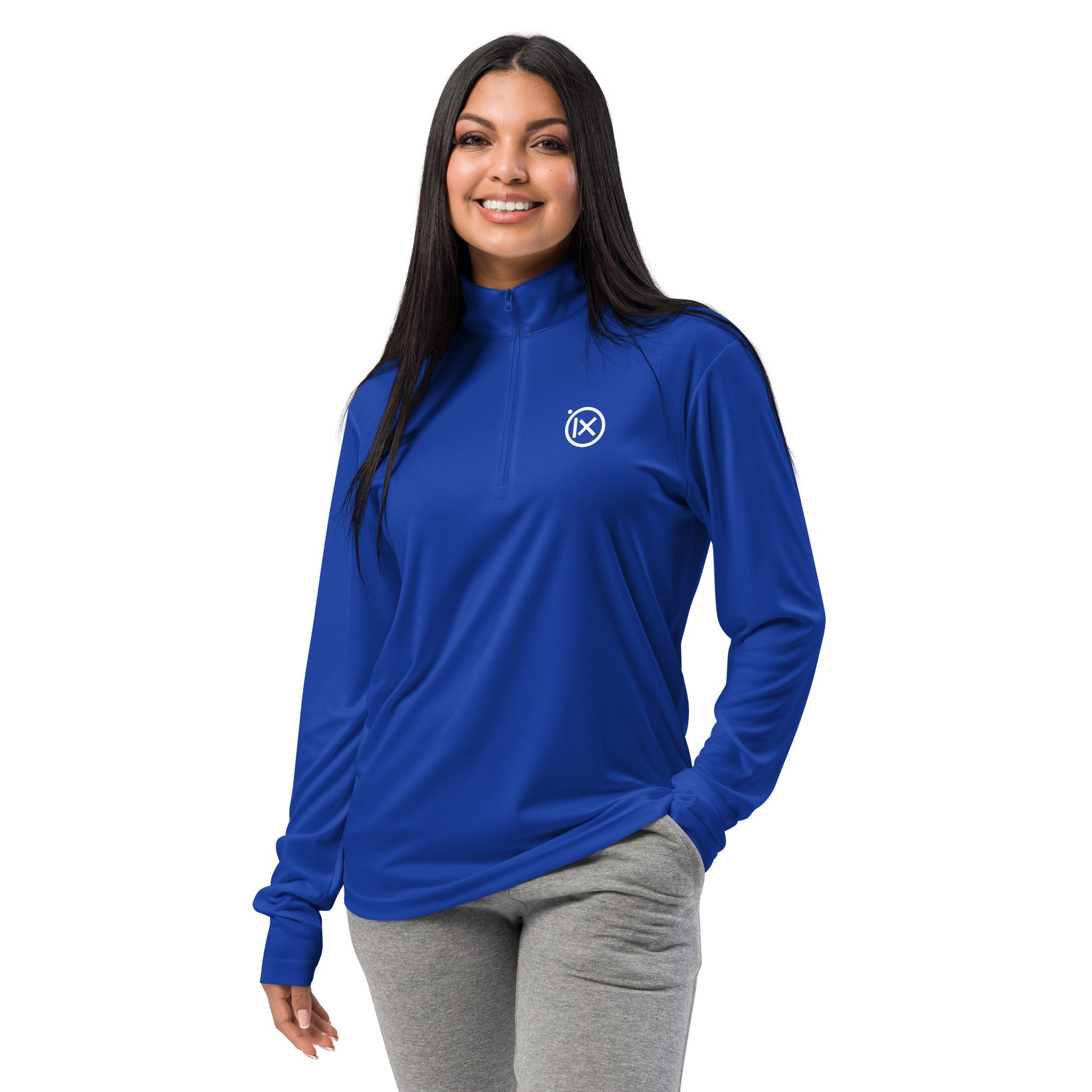 Blue lightweight quarter-zip pullover with stand collar and long sleeves, front view