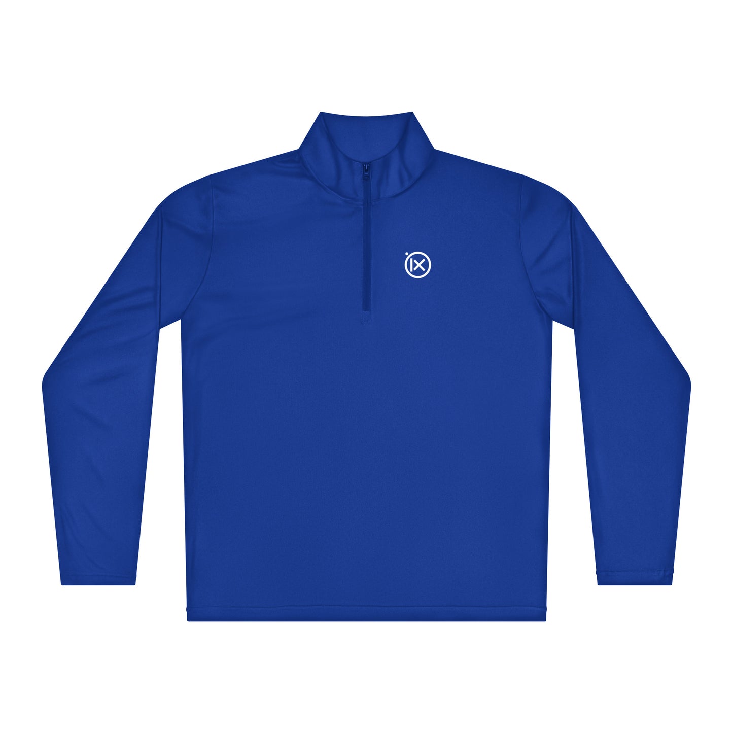 Blue lightweight quarter-zip pullover with mock neck and small chest logo.
