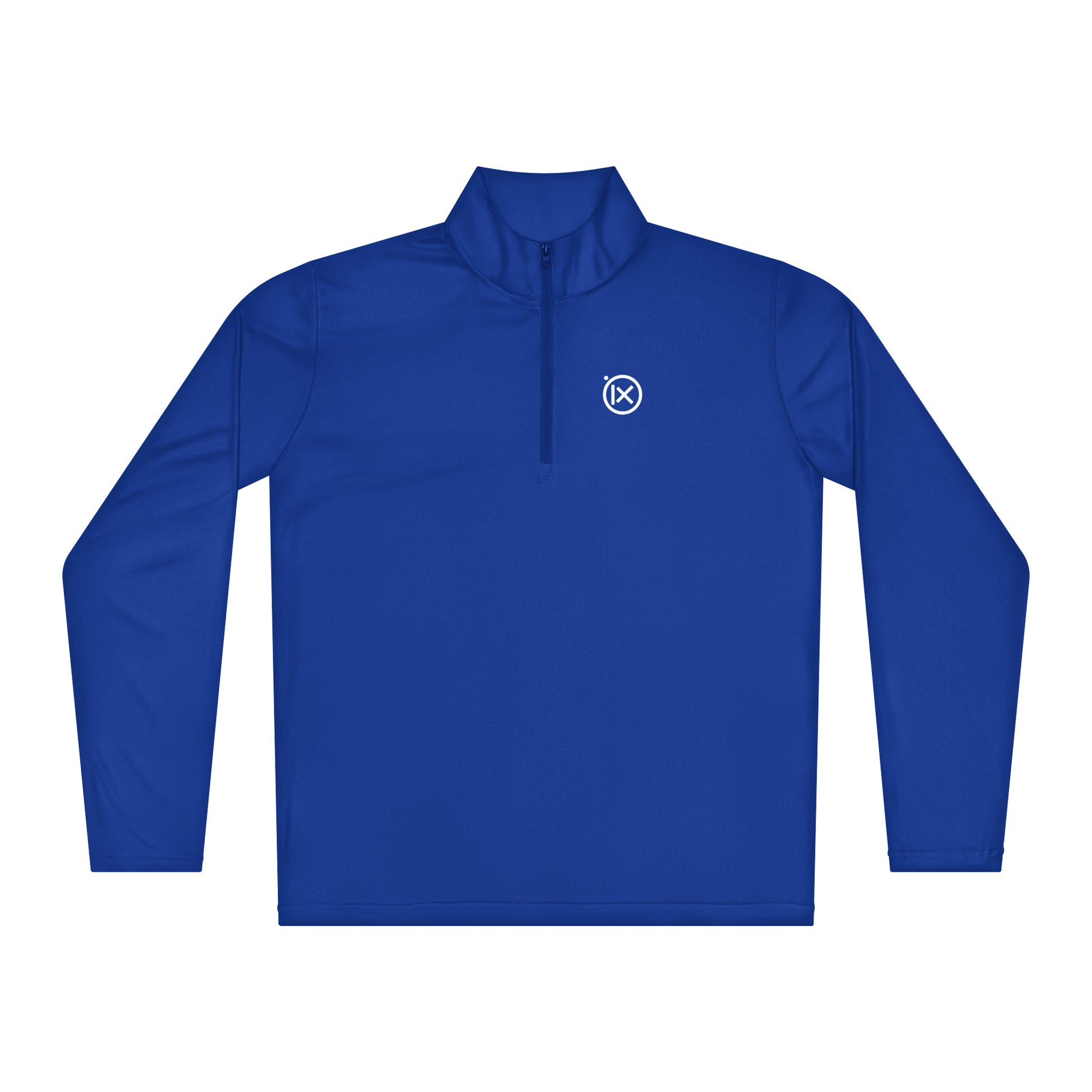 Blue lightweight quarter-zip pullover with mock neck and small chest logo.