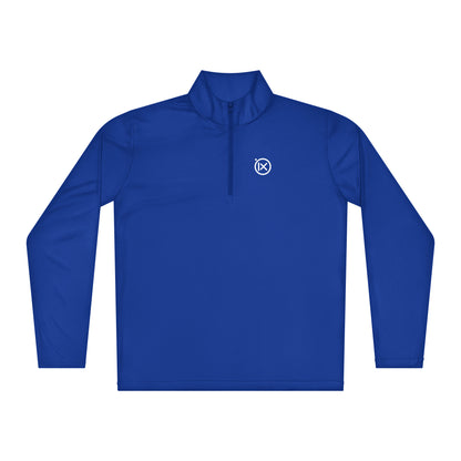 Blue lightweight quarter-zip pullover with mock neck and small chest logo.