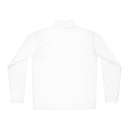 White lightweight quarter-zip pullover, back view with mock neck.