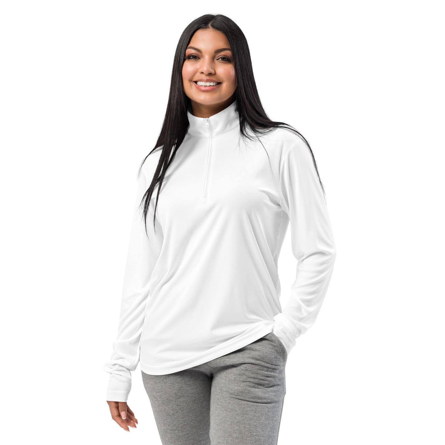 White lightweight quarter-zip pullover with stand collar and long sleeves, front view