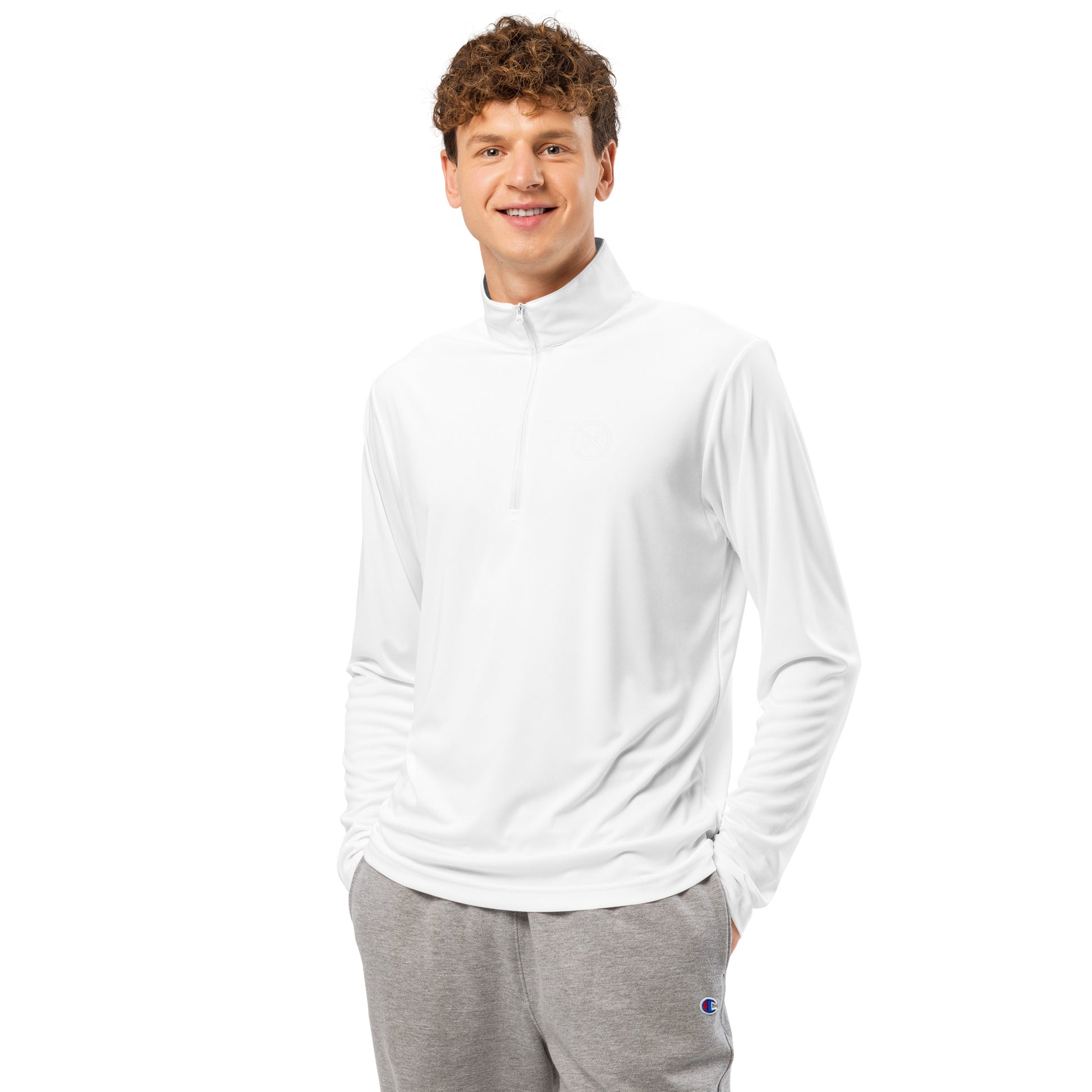 White lightweight quarter-zip pullover with stand collar and long sleeves, front view on model
