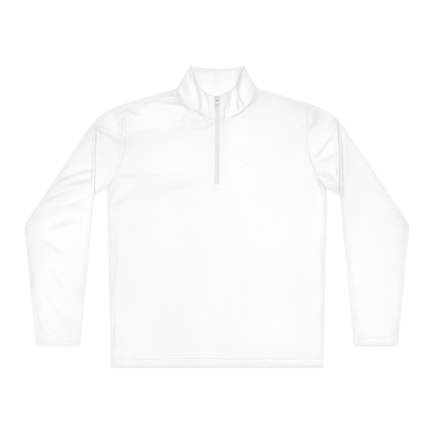 White lightweight quarter-zip pullover with mock neck and half-zip closure.