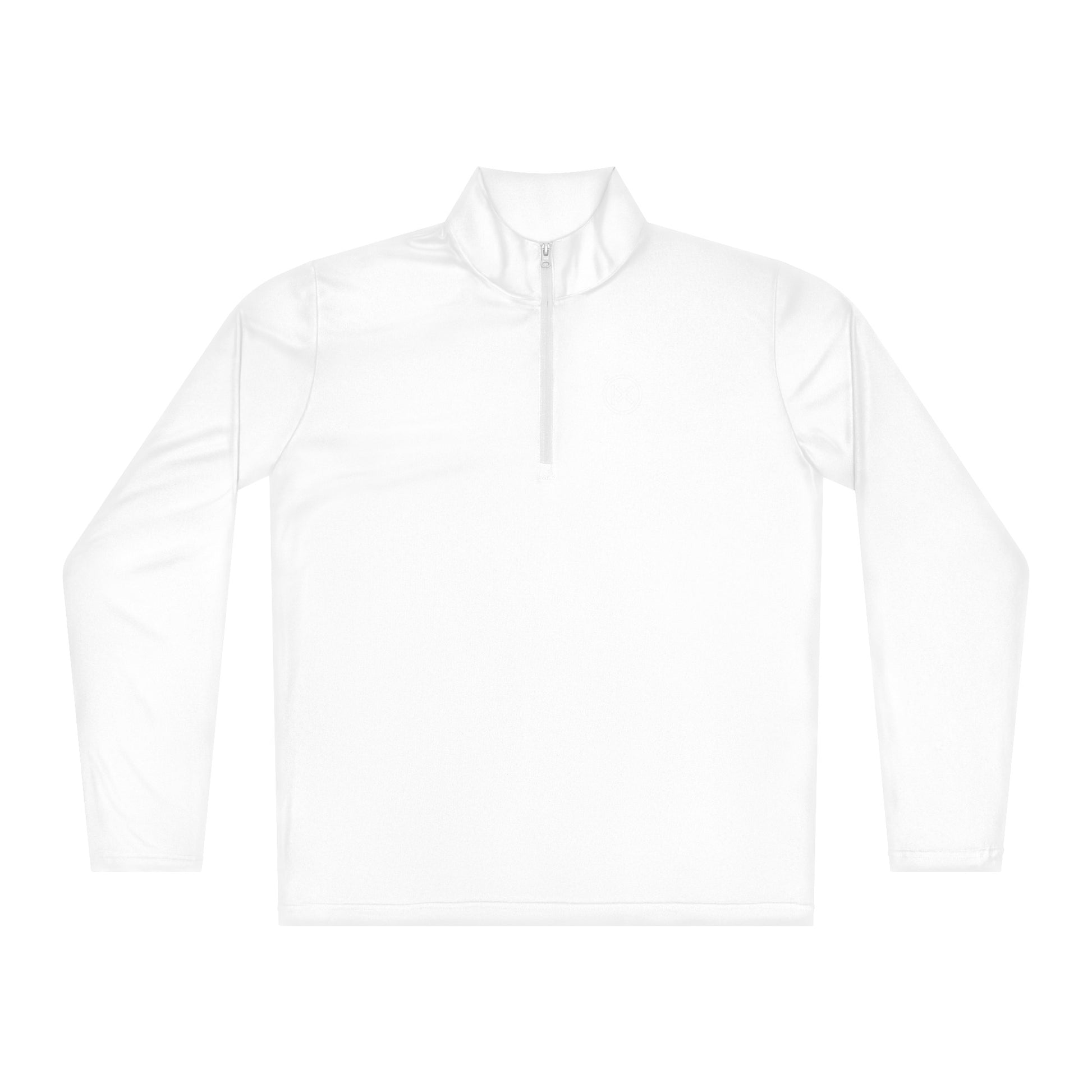 White lightweight quarter-zip pullover with mock neck and half-zip closure.