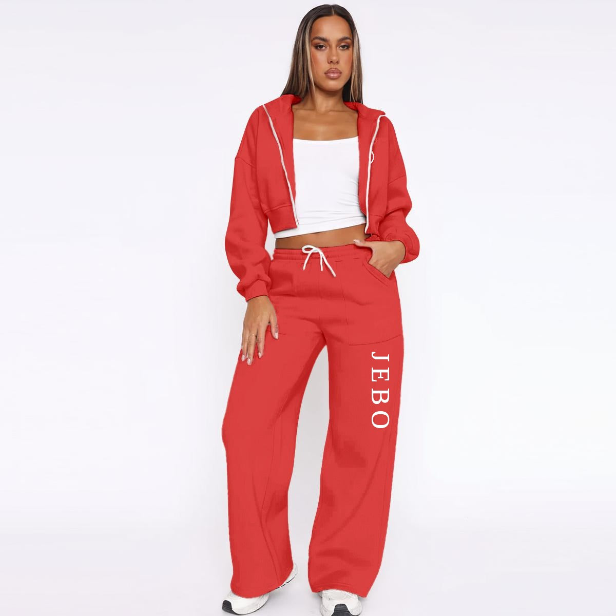 Women’s fleece tracksuit set, red zip-up hoodie and matching wide-leg pants