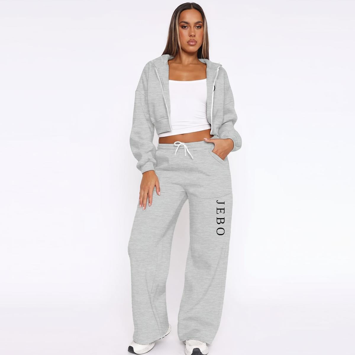 Women’s fleece tracksuit set in gray: hooded zip jacket and drawstring wide-leg pants