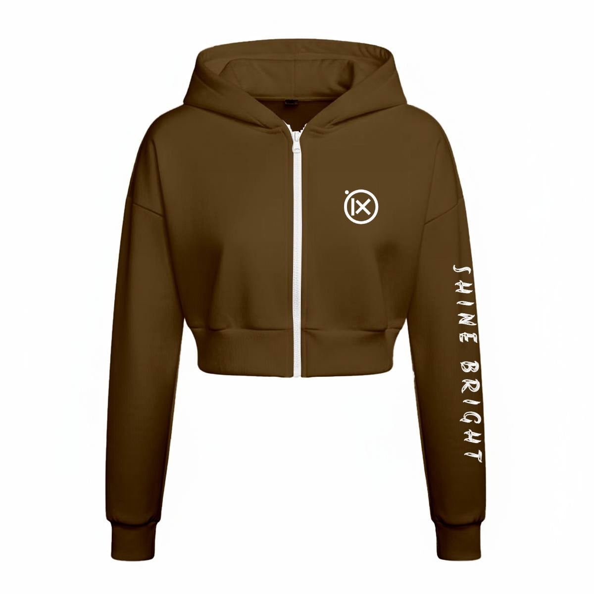 Fleece tracksuit zip hoodie, brown with hood, front zipper, and side logo
