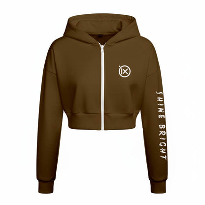 Fleece tracksuit zip hoodie, brown with hood, front zipper, and side logo